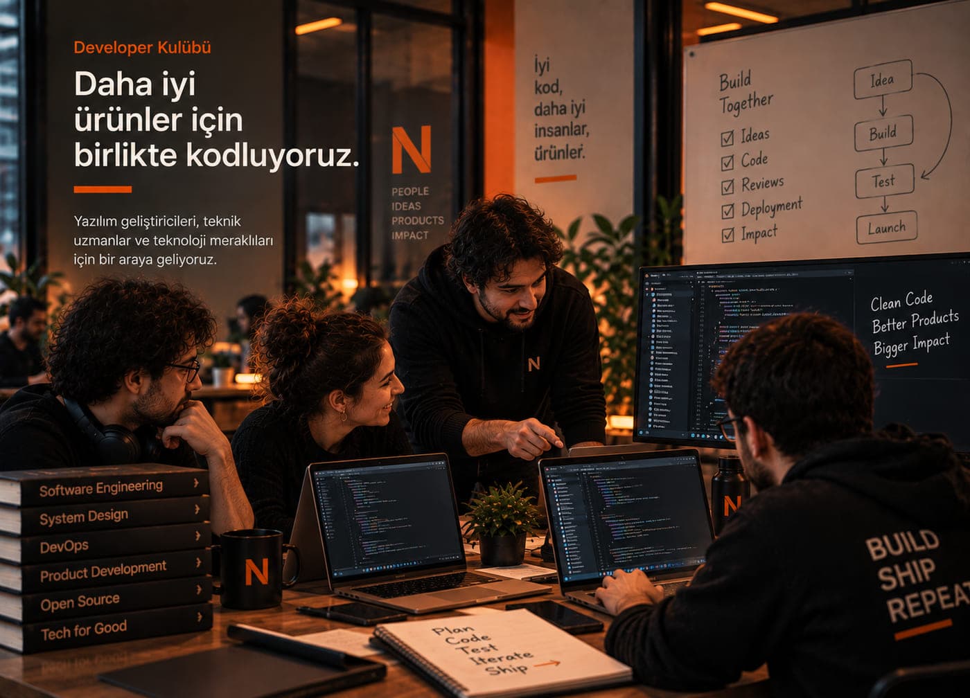 Developer Kulübü tanıtım görseli: Web, mobil ve altyapı alanlarında çalışan geliştiricilerin kulübü.