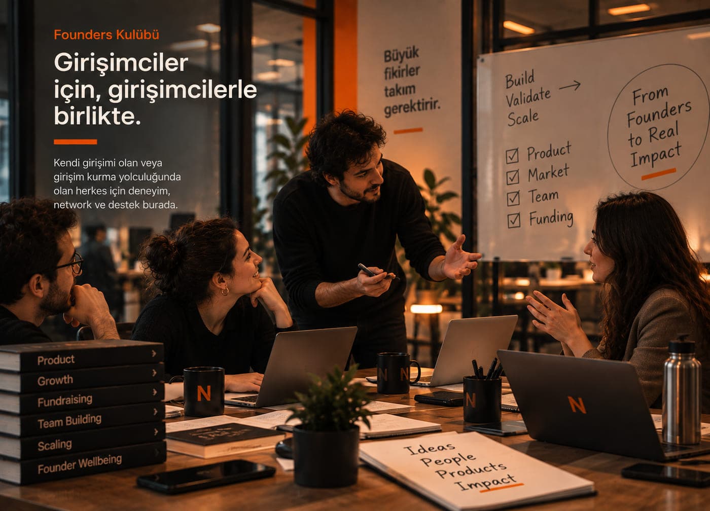 Founders Kulübü tanıtım görseli: Şirketini kurmuş, büyütme ve ölçekleme sorunlarını konuşanların masası.