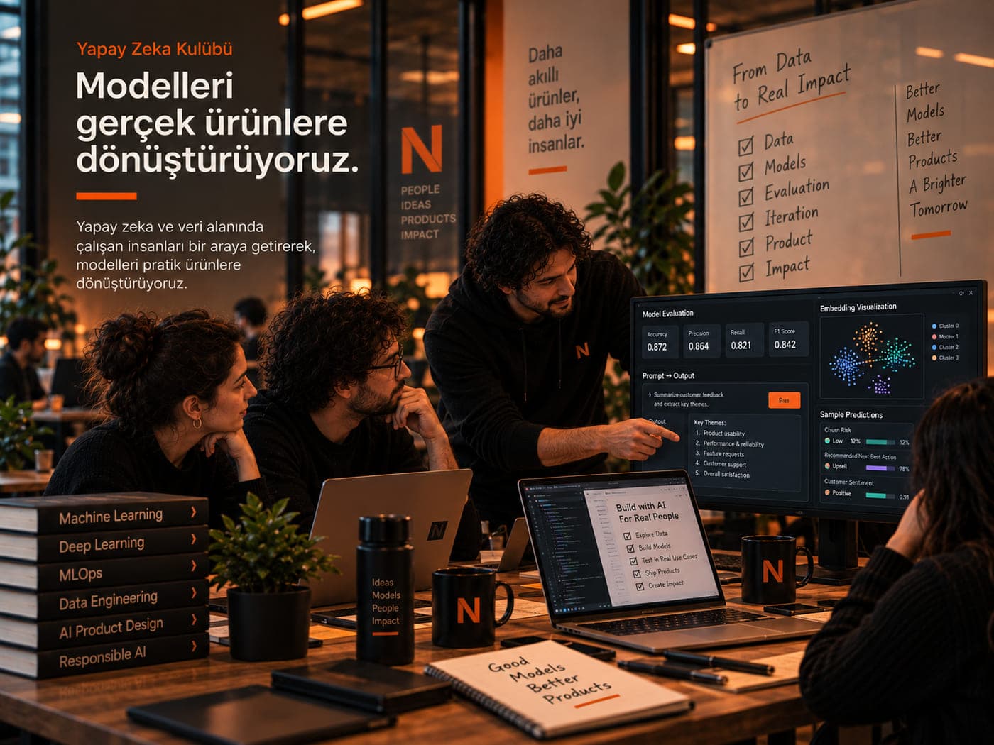 Yapay Zeka Kulübü tanıtım görseli: Modelleri demo olmaktan çıkarıp gerçek ürünlerin içine yerleştirenler.